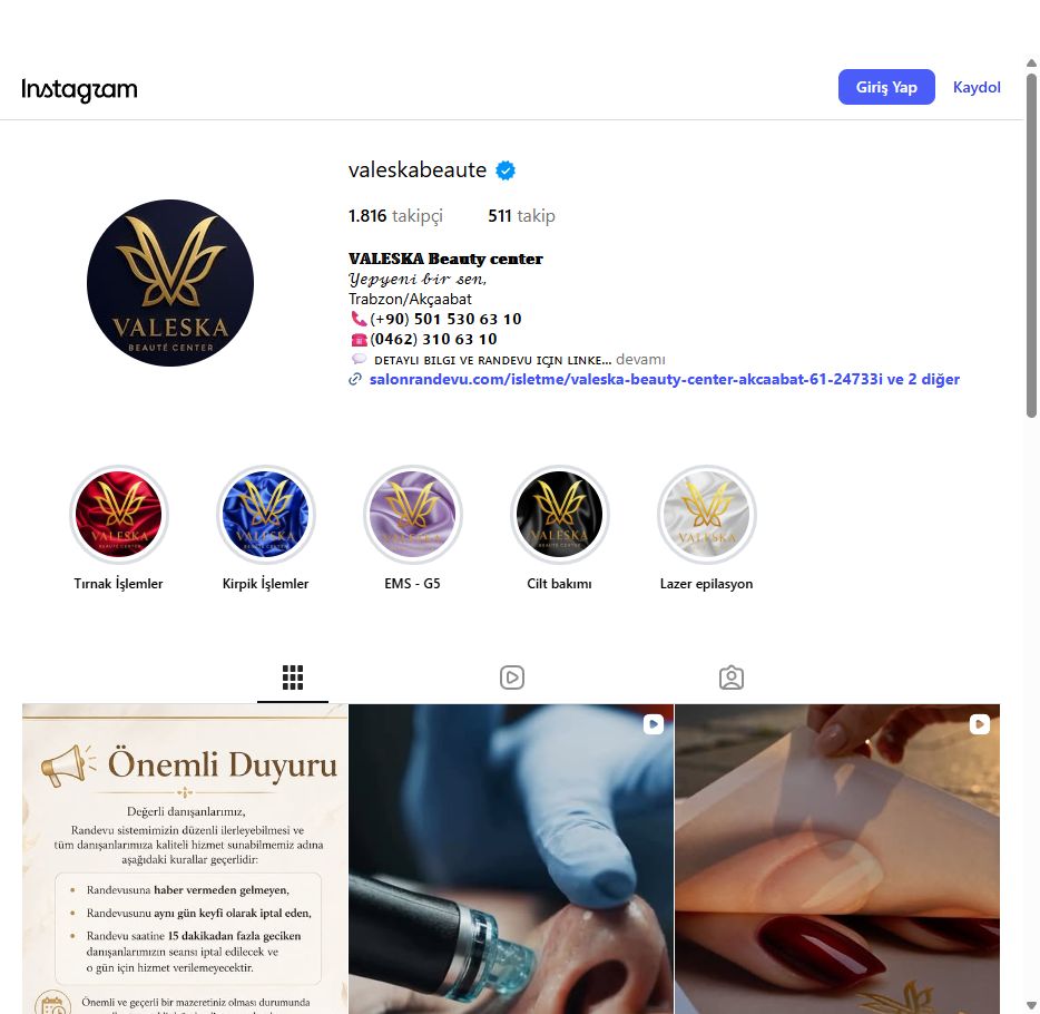Valeska Beauté Center Instagram profili ve paylaşımları
